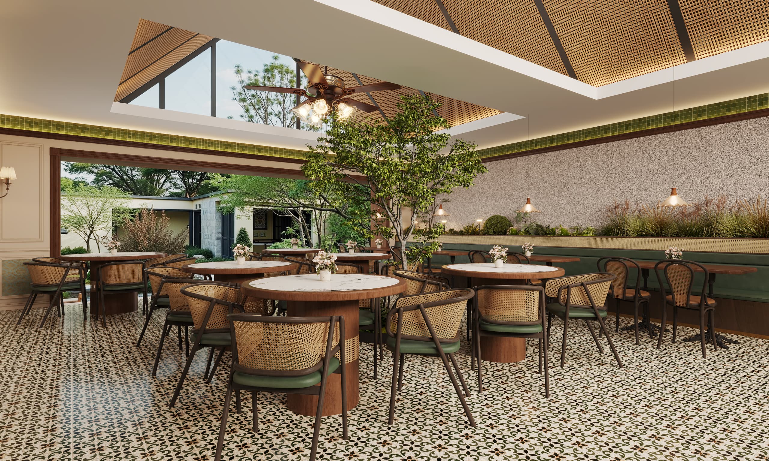 UncleSam Kopi dining room with rattan chairs, heritage floor tiles and garden views