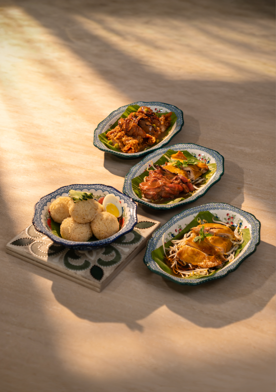 Chicken rice balls with roast and braised chicken plates